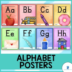 Carteles del alfabeto / Formación de letras / Acuarelas del arco iris / Decoración del aula