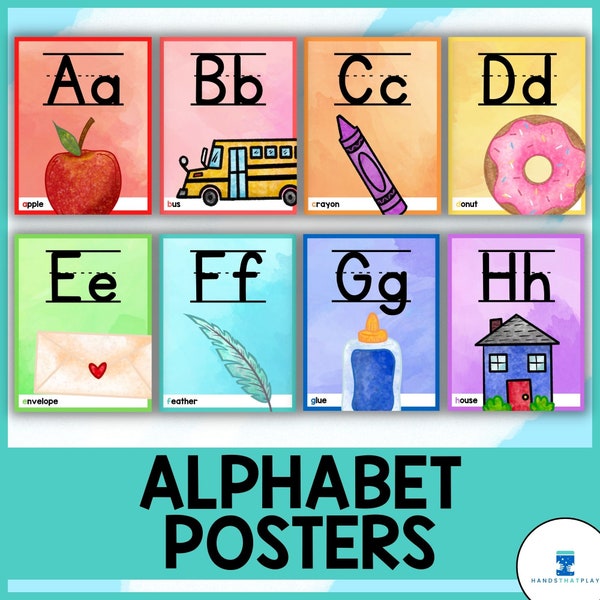 Alphabet Posters | Letter Formation | Rainbow Watercolors | Classroom Decor