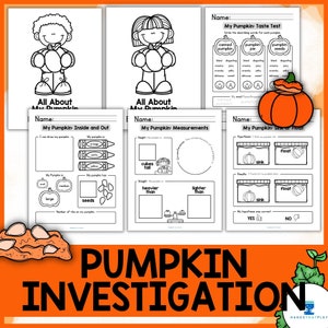 May include: A printable set of worksheets for kids to learn about pumpkins. The worksheets include activities like drawing, measuring, and taste testing. The worksheets are black and white and feature a cartoon pumpkin.