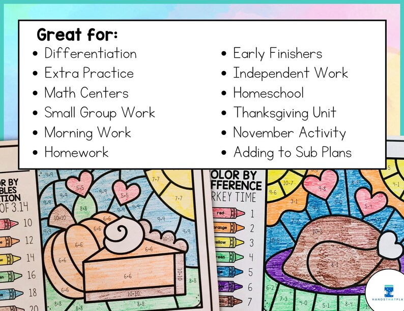 Puede incluir: Actividad de colorear por diferencia con tem&aacute;tica de Acci&oacute;n de Gracias para ni&ntilde;os. La imagen muestra un pavo y un pastel de calabaza con una clave de color y una tabla de n&uacute;meros. El texto de la imagen dice "Color by Difference Turkey Time".