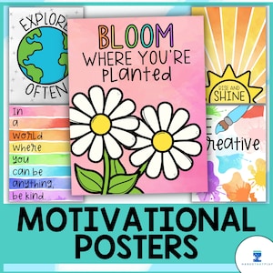 Carteles de citas en el aula / Carteles de mentalidad de crecimiento / Carteles motivacionales / Decoración del aula de acuarela arcoíris