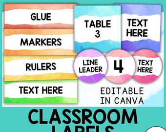Rainbow Watercolor Classroom Labels | Editable Teacher Labels