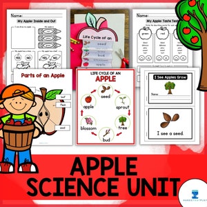 May include: A colorful printable apple science unit for kids. The unit includes activities like drawing an apple, labeling parts of an apple, and learning about the life cycle of an apple.