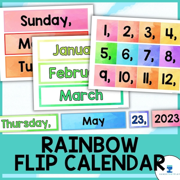 Daily Hanging Flip Calendar or Pocket Chart Cards - Rainbow Watercolor Decor