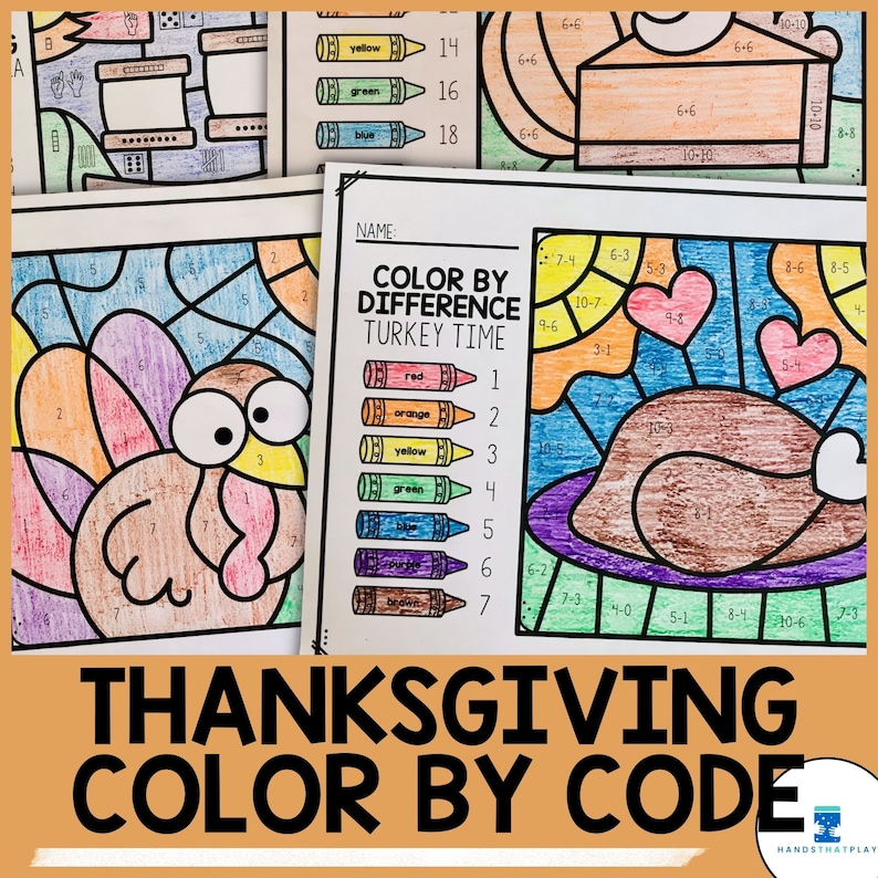 Puede incluir: Actividad de Acci&oacute;n de Gracias para ni&ntilde;os, colorear por diferencia. La hoja de trabajo imprimible presenta un pavo, un pastel y corazones. La clave de color incluye l&aacute;pices de colores rojo, naranja, amarillo, verde, azul, morado y marr&oacute;n.
