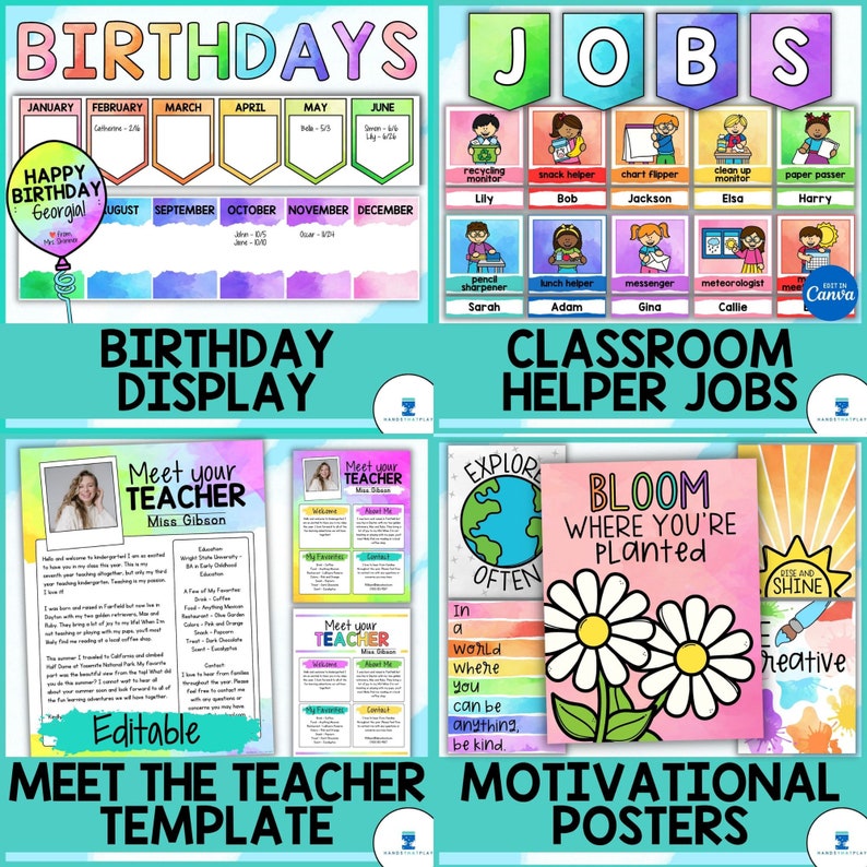 Puede incluir: Un conjunto de carteles de aula imprimibles con fondos de acuarela coloridos y mensajes motivacionales. Los carteles incluyen frases como "Bloom Where You're Planted", "Explore Often", "In a World Where You Can Be Anything, Be Kind", "Rise and Shine", y "Creative".
