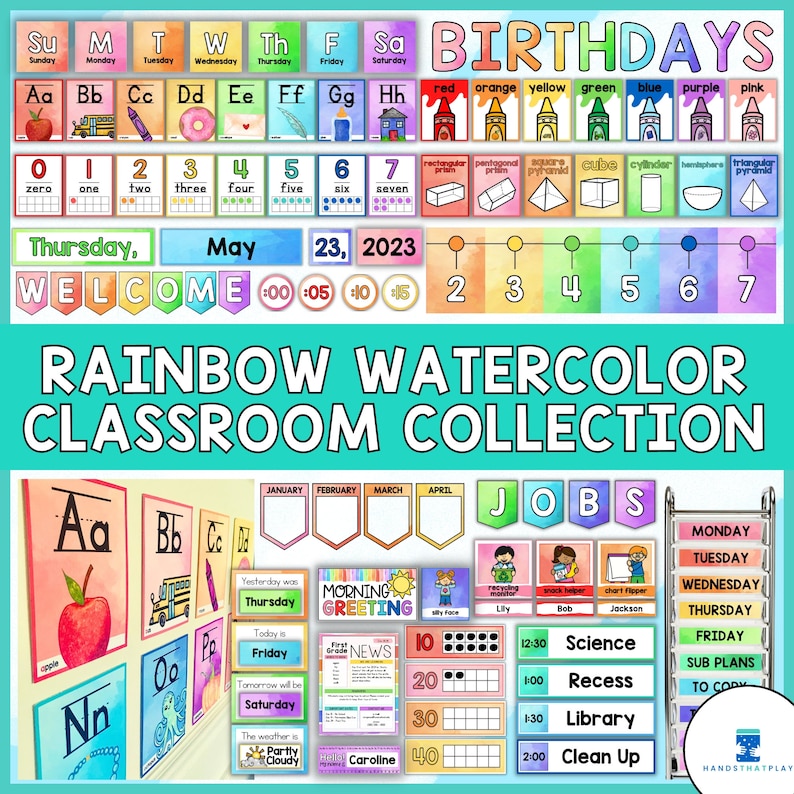 Puede incluir: Un conjunto de decoraci&oacute;n de aula colorida con un tema de acuarela arco&iacute;ris. El conjunto incluye tablas de alfabeto, tablas de n&uacute;meros, tablas de cumplea&ntilde;os, un calendario, una tabla de trabajos y una tabla de saludo matutino. Las tablas est&aacute;n decoradas con pintura de acuarela y presentan varias ilustraciones, como manzanas, autobuses escolares y casas.