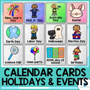 Tarjetas de gráficos de bolsillo con calendario / Días festivos y eventos / Decoración del aula en acuarela
