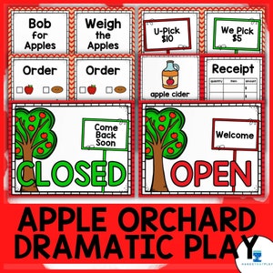 以下が含まれることがあります： リンゴ園の劇遊び用のカラフルな教育セット。「Bob for Apples」、「Weigh the Apples」、「U-Pick」、「We Pick」、「Order」、「apple cider」、「Receipt」、「Closed」、「Open」のサインが含まれています。「APPLE ORCHARD DRAMATIC PLAY」のテキストも表示されています。