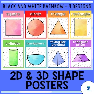 2D and 3D Shapes Posters for the Classroom | Black and White Rainbow Classroom Decor | Kindergarten Posters | Monochrome Shape Posters