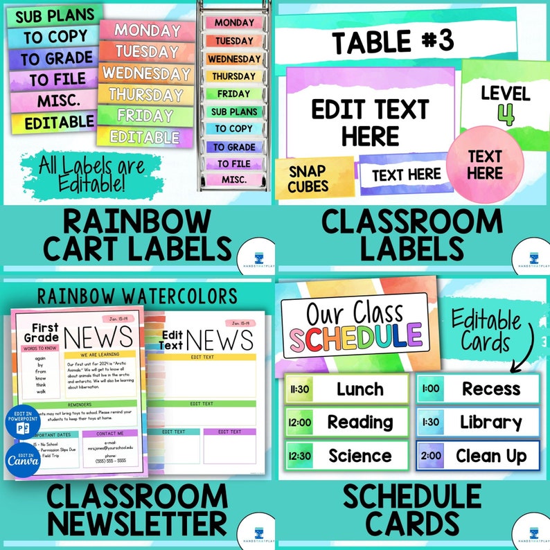 Puede incluir: Un conjunto de etiquetas y tarjetas de aula imprimibles con un dise&ntilde;o de acuarela de arco&iacute;ris. Las etiquetas incluyen "Rainbow Cart Labels", "Classroom Labels", "Our Class Schedule", "Editable Cards", "Classroom Newsletter" y "First Grade News".