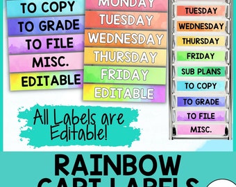 10 Drawer Rolling Cart Labels - Editable - Rainbow Watercolor Classroom Decor