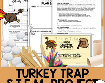 May include: A collection of educational materials for a Turkey Trap STEM Project. Includes worksheets, a certificate, craft supplies like popsicle sticks and pipe cleaners, and a roll of cardboard. The title "Turkey Trap S.T.E.M. Project" is displayed.