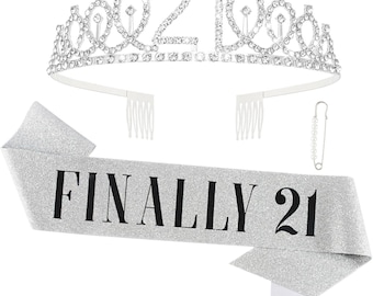 Finally 21 Rhinestone Tiara and Sash Set, Silver 21st Birthday