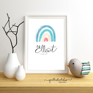 Birth memorabilia poster illustrated Rainbow blue tones to customize for decoration baby and child bedroom