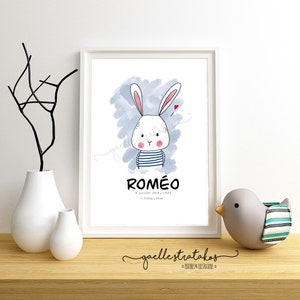 Cartel de nacimiento en la imagen Pequeño conejo en marinero personalizable para decoración niño o habitación del bebé
