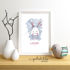 Cartel de nacimiento de recuerdo ilustrado Little Rabbit en libertad para personalizar para la decoración de la habitación del bebé