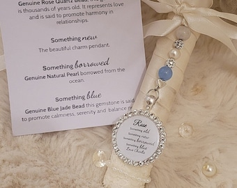 Bouquet wedding charm for brides. Something old, new, borrowed, blue. Genuine pearl and gemstone beads.