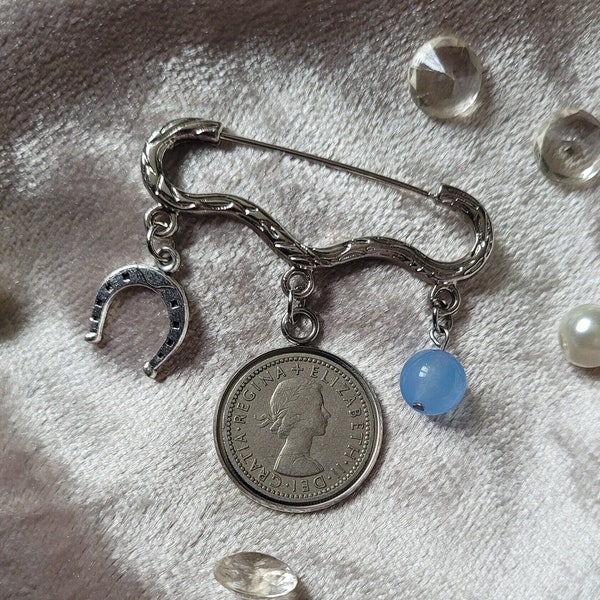 Bouquet wedding charm for brides. Something old, new, borrowed, blue. Genuine gemstone beads, sixpence piece coin.