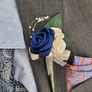 Navy Luxury Rose Buttonhole. Handmade Wedding Boutonniere for Groom Groomsmen.