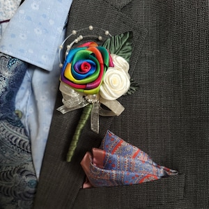 Rainbow Pride LGBTQ+ Buttonhole, Colourful Satin Wedding Boutonniere. Groom, Bride, Groomsmen.