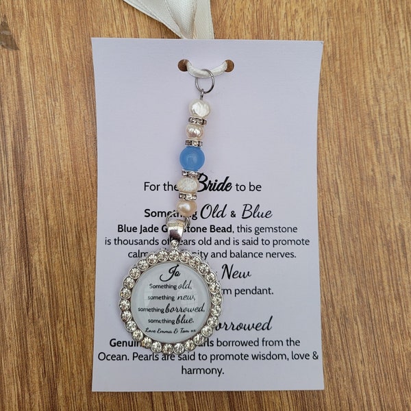 Bouquet charm, wedding pendant for brides. Something old, new borrowed and blue.