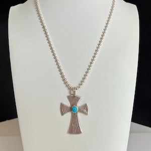 Excellent VTG ZUNI Bennie Bowekaty Sterling Silver Turquoise 16&quot; Cross Pendant Necklace