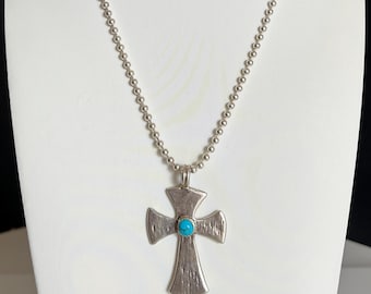 Collier pendentif croix Bennie Bowekaty VTG ZUNI en argent sterling turquoise de 16 po.