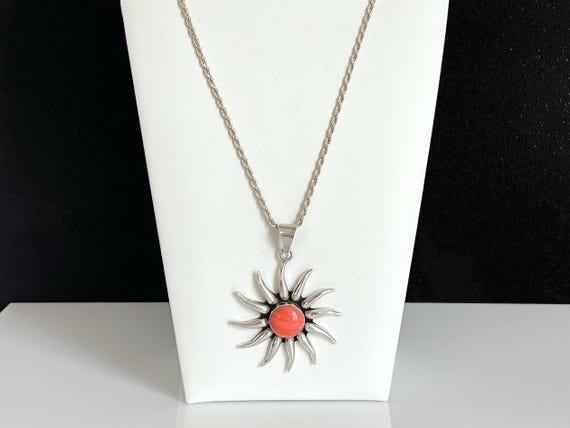 VTG TAXCO Sterling Silver Coral Sunburst Pendant 30" Sterling Silver Necklace