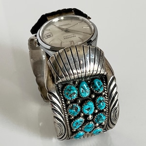 VTG Navajo Signed JW Toadlena Sterling Silver Turquoise Watch Cuff w/Watch 104.3 Grams