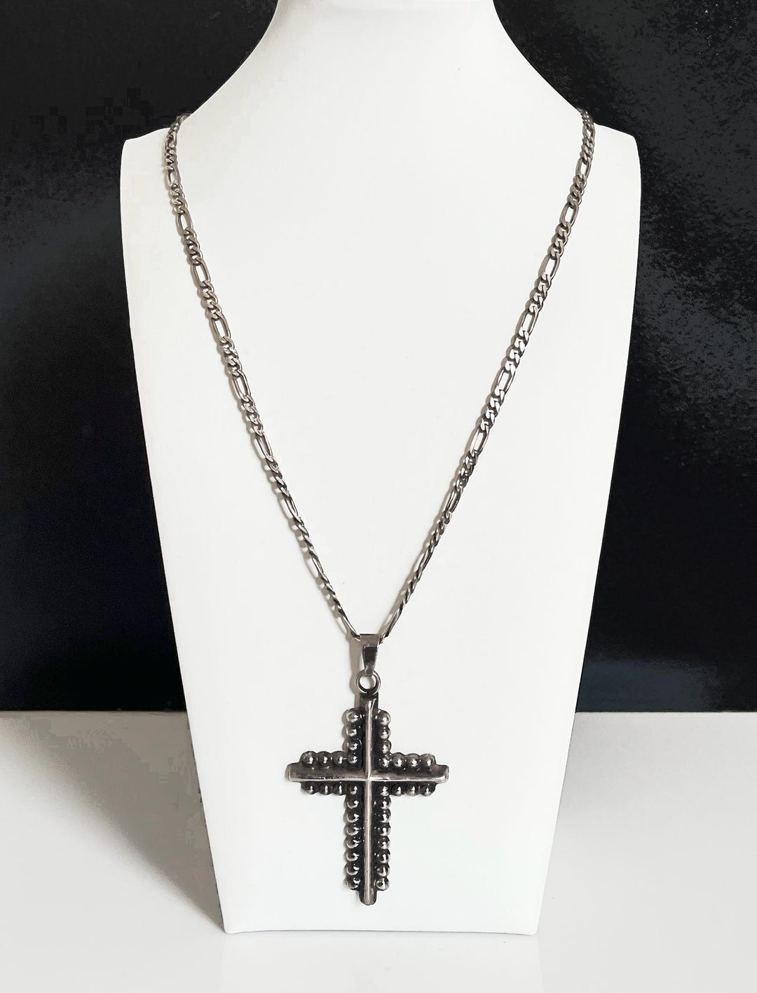 Vintage Signed TAXCO Sterling Silver Cross Pendant 29" Chain Necklace ...