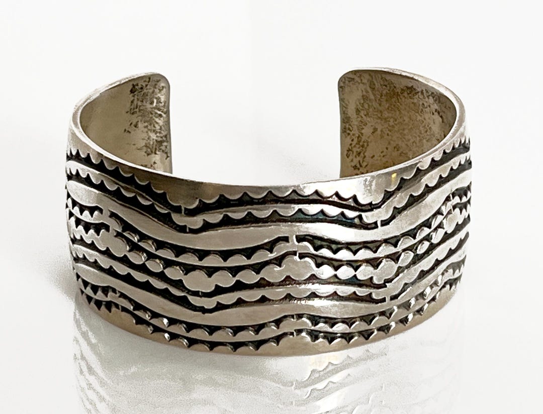 VTG. Native American Navajo Heavy Sterling Silver Wide Stamped Cuff 63. ...