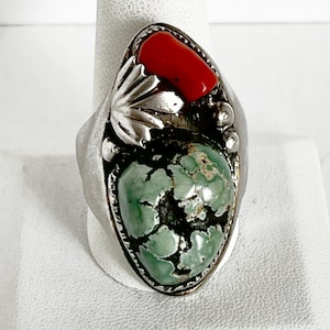 Vintage Navajo Large Sterling Silver Turquoise Coral Size 12 Ring, 27.3 Grams