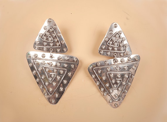 Vintage Sterling Silver Long Dangle Post Earrings… - image 1