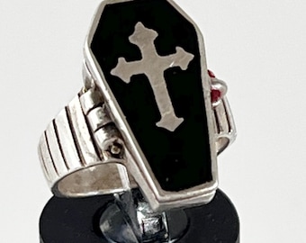 Vintage Goth Sterling Silver Poison Coffin Ring With Cross Size 5 1/4, 6.8 Grams 926 Sterling Silver