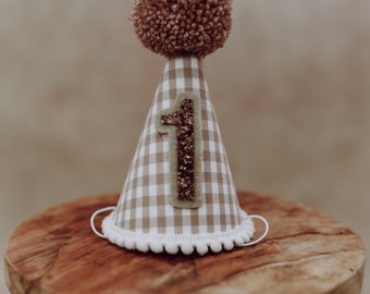 Gingham Birthday Party Hat | Neutral | Brown | Tan | Unisex | 1st Birthday | Bearly One | Natural | Milestone | Cake smash
