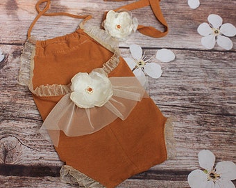 Romper DeLuxe, Newborn Romper, Baby Romper, Newborn Girl Romper, Baby Girl Romper, Lace Romper, Mustard Romper, Sewn Romper, Fabric Romper
