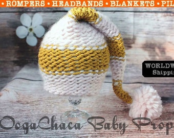 Newborn Elf Hat, Baby Girl Elf Hat, Newborn Photo Prop, Striped Elf Hat, Pink Elf Hat, Yellow Elf Hat, Knit Elf Hat, Wool Elf Hat