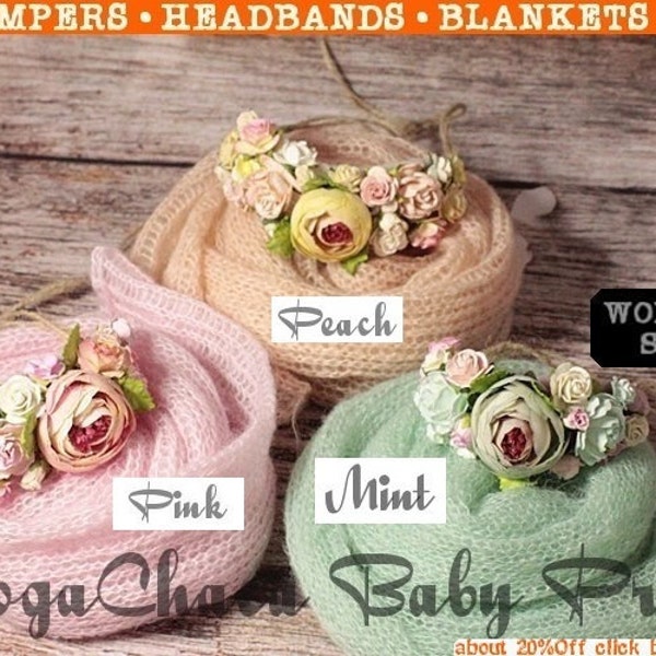 Baby Wool Wrap, Baby Girl Headband, Newborn Photo Prop, Pink Baby Wrap, Mohair Wool Wrap, Flower Tieback, Knit Baby Wrap