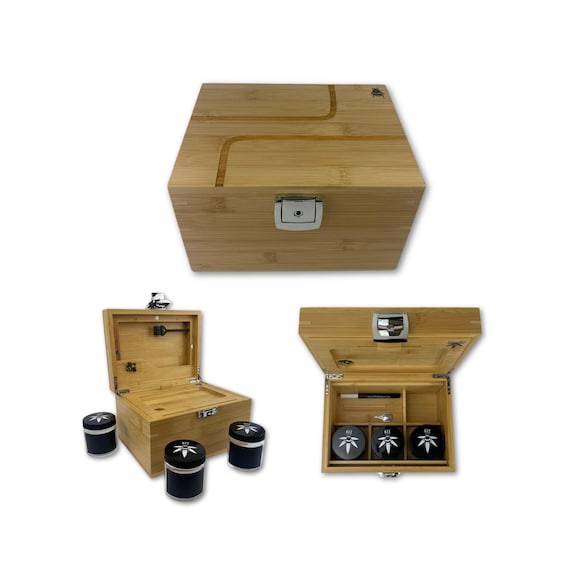 Stash Box: Smell Proof, Lockable - Rolling Tray, Glass Jars - Blurred Lines engraving - Free Lighter