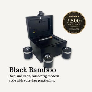 Black Stash Box: Smell Proof, Lockable - Rolling Tray, 3 Glass Jars - Black Hardware