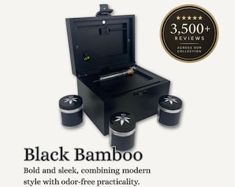 Black Stash Box: Smell Proof, Lockable - Rolling Tray, 3 Glass Jars - Black Hardware
