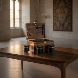 May include: A dark wooden box with an open hinged lid and three black containers with silver bands are on a wooden table. The scene is set in a room with a large window and a tapestry. The table is made of dark wood.