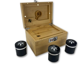 Large Bzz Box (Stash Box, Bamboo) with Lock, rolling tray, and 3 stash jars (The Original Large Bzz Box Stash Box), smell proof lock box