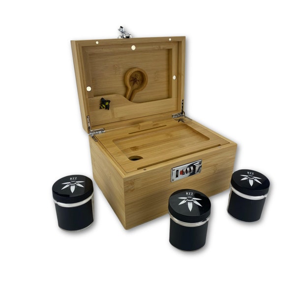 Grande boîte Bzz (boîte cachette, bambou) avec cadenas, plateau à roulettes et 3 bocaux (grande boîte cachette Bzz Box originale), boîte anti-odeurs