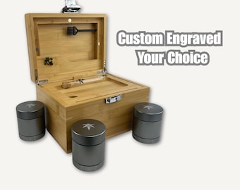 Custom Engraved Bamboo Stash Box with 3 Metal Jars: Smell Proof, Lockable - Rolling Tray