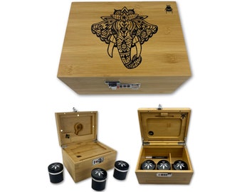 Large Bzz Box (Stash Box, Bamboo) with Elephant design, Rolling Tray, 3 Stash Jars - Bamboo Lock Box - Smell proof Custom Stash Box