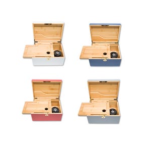 Coloured Bzz Box (Stash Box) Sliding Rolling Tray, lock, 3 Stash Jars, Marker, Skeleton Key Lock - Blue, Red, White, or Grey - Smell Proof