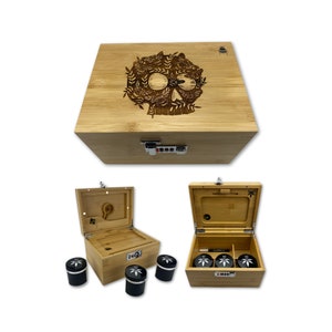 OG Bzz Box (Stash Box) with Skull Design, Rolling Tray, 3 Stash Jars, Marker, 2 Pokers, Glass Stash Tube - Bamboo Smell Proof Lock Box