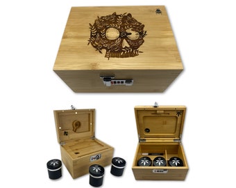 Large Bzz Box (Stash Box, Bamboo) with Skull design, Rolling Tray, 3 stash jars - Bamboo Lock Box - Smell proof Lockable Stash Box